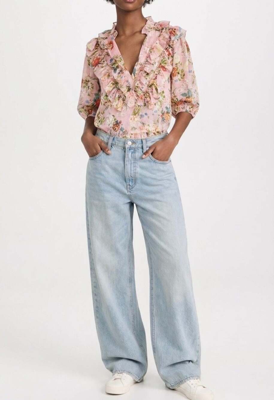 Zara Sheer Floral Ruffle V-Neck Blouse
